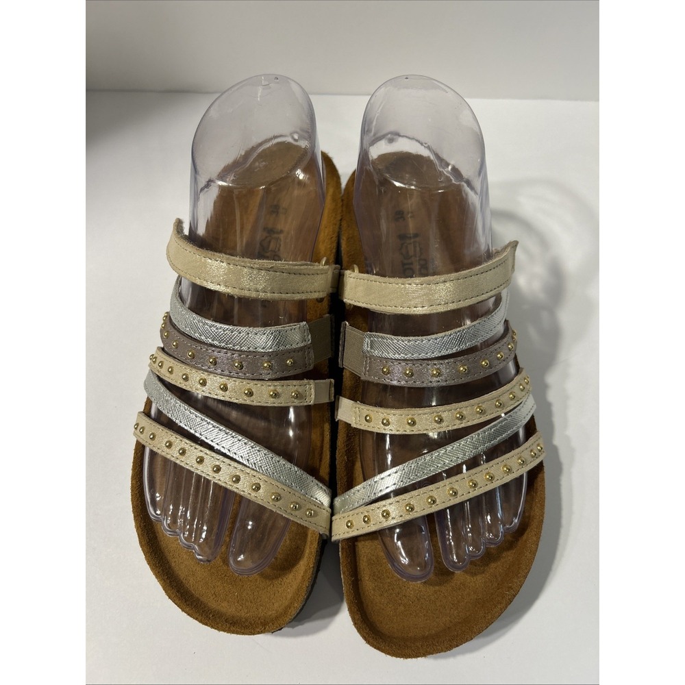 NAOT Prescott Strappy Studded Leather Slide Sandals Silver & Gold EU 38 US 7
